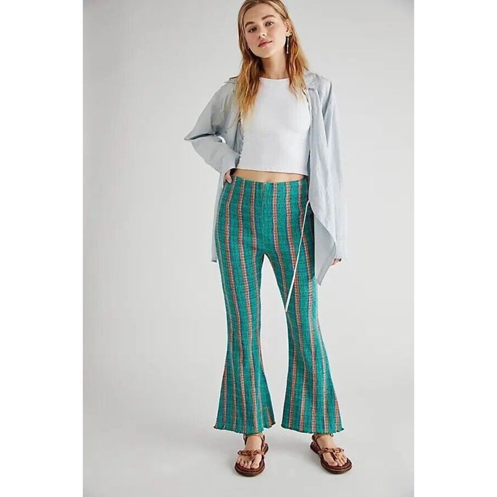 NEW FREE PEOPLE Fine Line Slim Pants By - Green Combo Size L